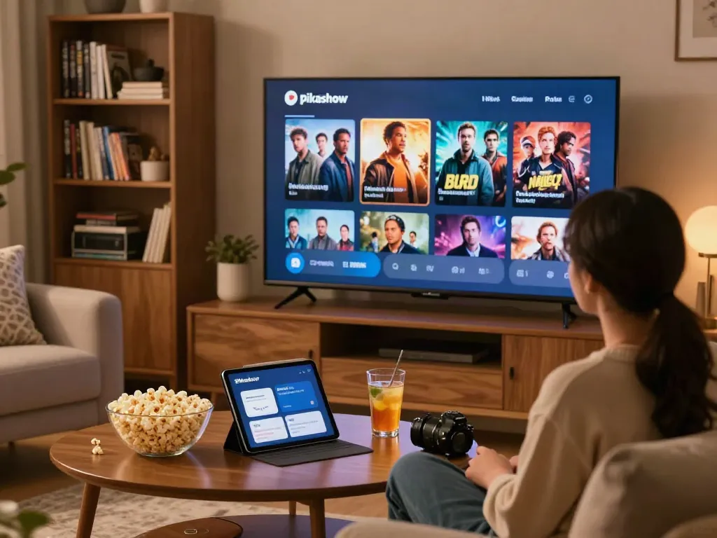 Pikashow alternatives explored in a cozy living room with vibrant streaming on OLED TV, showcasing a modern entertainment setup.