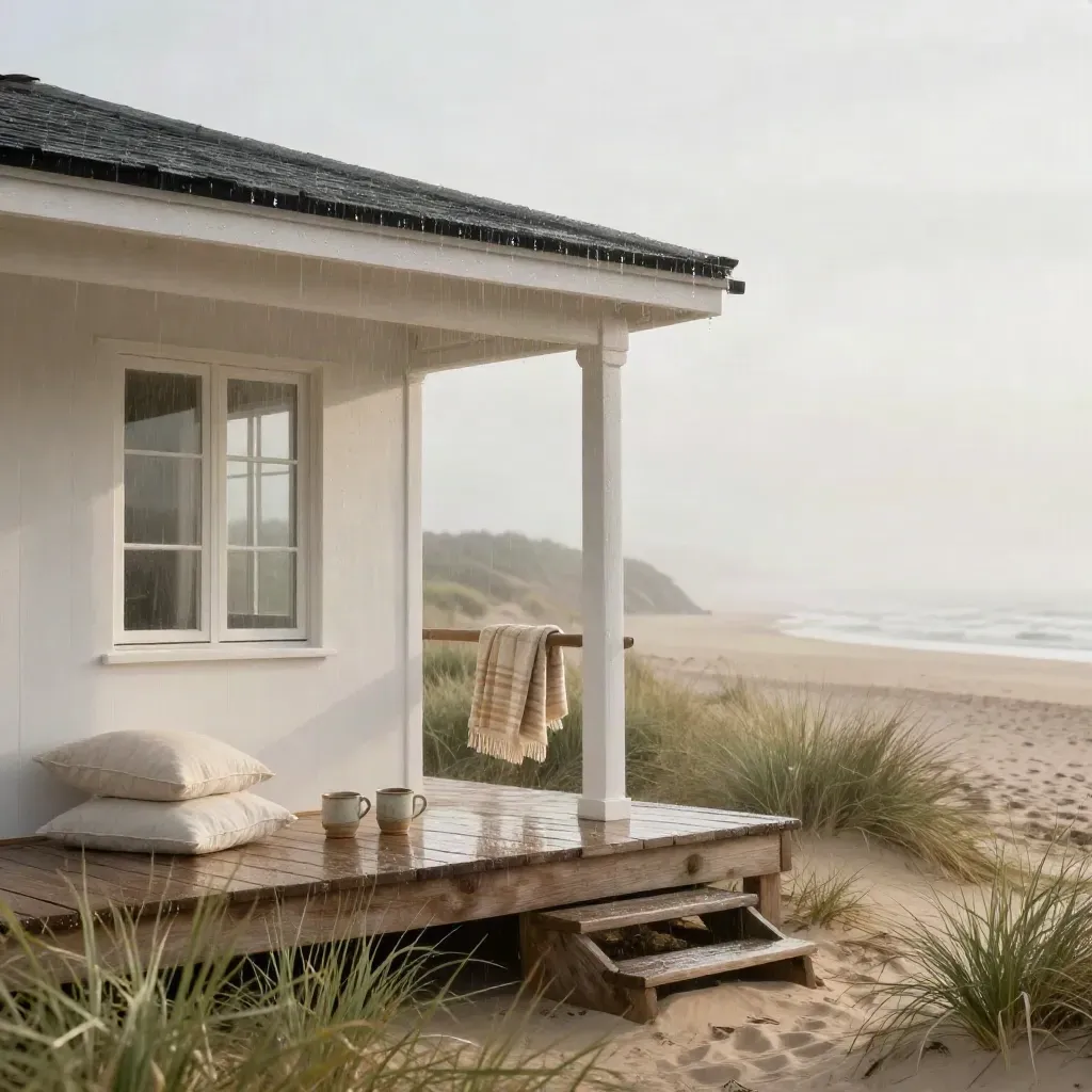 Witgekalkte kustcottage met natte veranda, plaid, mokken, kussens en duingras in zachte ochtendmist.