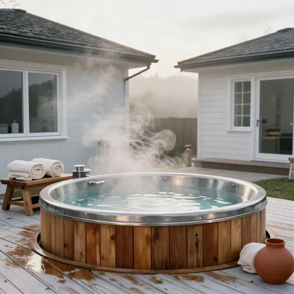 Ronde houten hottub naast veranda met opstapje, handdoeken en opstijgende stoom in de avond.