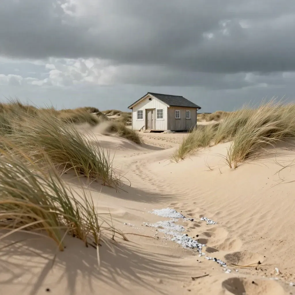 Texelse duinwoning bij een zandpad, helmgras en donkere wolken in de wind.