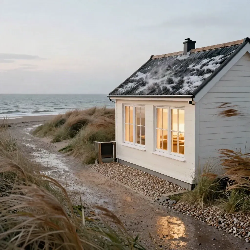 Zeelands huisje op de dijk met verlichte ramen, wuivend duingras en natte kiezels bij zee.