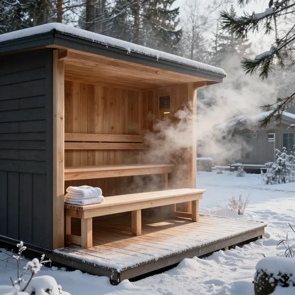 Cedar sauna naast boshut met stoom, handdoeken en rijp op het dek in de vroege kou.